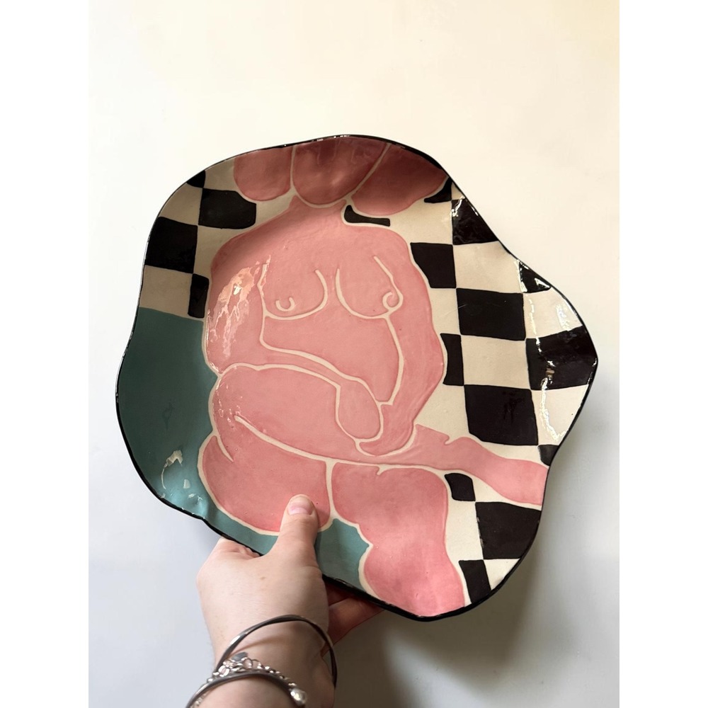 Handmade Ceramic Abstract Female Figure Plate Checkered Wavy Edge Pink Black